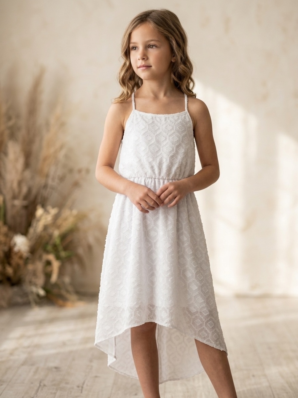 Girls' White Eyelet High-Low Sundress